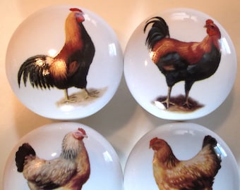 4 free range chickens & roosters (4) farm animal Ceramic Cabinet knobs Kitchen hardware pulls