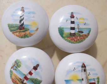 Four  Lighthouse #2 Ceramic Cabinet Knobs Light House Kitchen Drawer pulls