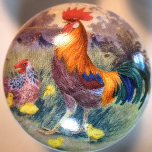 May include: A ceramic knob with a colorful image of a rooster and chicks. The rooster is orange, red, and purple with a green and blue tail. The chicks are yellow. The background is a green and brown field.
