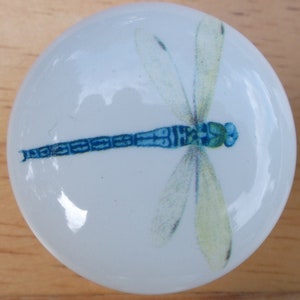 May include: A white ceramic knob with a blue dragonfly design. The dragonfly has clear wings with a green body.