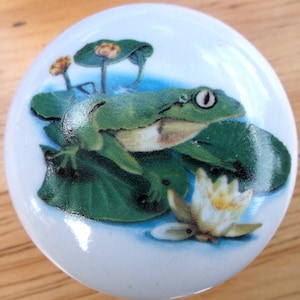 May include: A white ceramic knob with a green frog sitting on a lily pad with a white flower. The frog is green with brown spots and has a white belly. The lily pad is green with a white flower with yellow center.