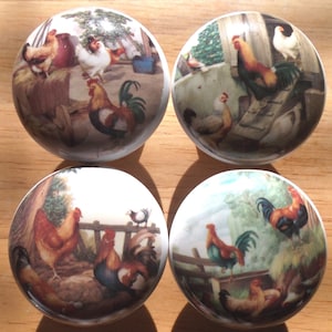 May include: Four ceramic knobs with a rooster and hen theme. Each knob features a different scene with roosters, hens, and chicks in a barnyard setting. The knobs are white with a glossy finish.