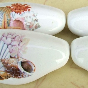 May include: Four white, oval-shaped decorative cabinet knobs. Each knob features a different seashell design in shades of brown, pink, and orange. The knobs are arranged in a square formation.