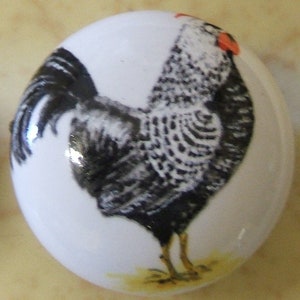 May include: A white ceramic knob with a black and white rooster illustration. The rooster is facing right and has a red comb.