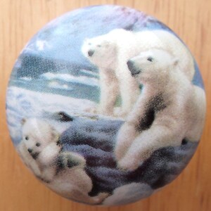 May include: A round button featuring a family of polar bears in a snowy landscape. The image shows a mother bear with two cubs, set against a backdrop of blue and white. The button has a fabric-like texture.
