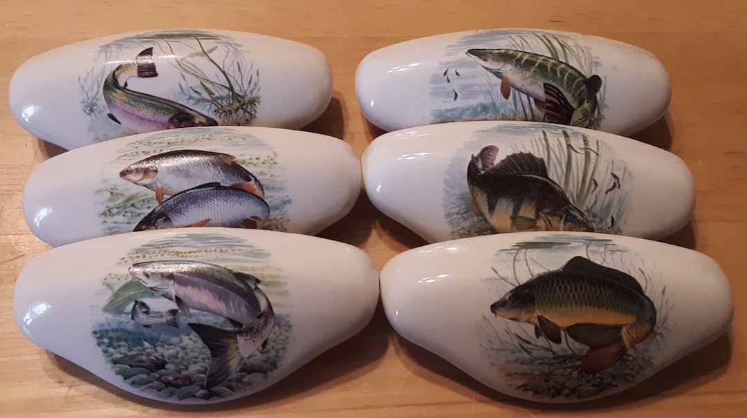 Game Fish Scenes Ceramic Cabinet Kitchen Drawer Pulls Set of Six ...