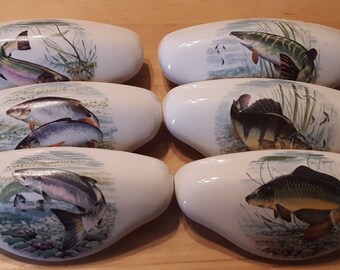Game fish scenes Ceramic Cabinet Kitchen Drawer pulls set of six Hardware