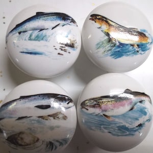 May include: Set of four ceramic cabinet knobs featuring colorful images of fish jumping out of the water. The knobs are white with a glossy finish.