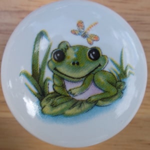 May include: A white ceramic knob with a green frog sitting on a lily pad. The frog is smiling and has big eyes. A yellow and orange dragonfly is flying above the frog.