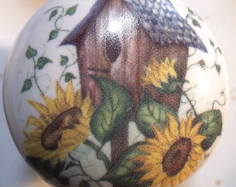 Birdhouse with Sunflower Ceramic Cabinet Knobs Kitchen Drawer pulls