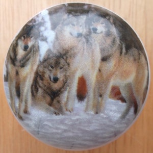 May include: A round decorative knob featuring a group of wolves in a snowy landscape. The wolves have brown and gray fur, and the background shows a winter scene. The knob is likely made of ceramic or glass.