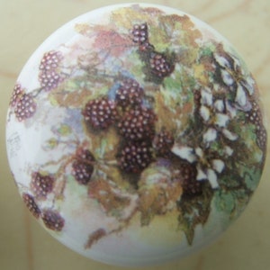 May include: A white ceramic cabinet knob featuring a detailed illustration of blackberries, leaves, and white flowers. The design includes shades of purple, green, and brown, creating a natural, botanical theme. This decorative knob is suitable for furniture.