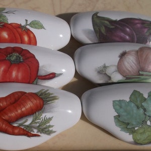 May include: Set of six white ceramic oval-shaped decorative stones, each featuring a different vegetable illustration. The vegetables include tomatoes, bell peppers, carrots, eggplant, onions, and spinach. The illustrations are detailed and colorful.