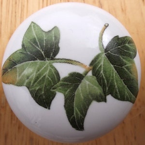 May include: A white ceramic cabinet knob with a green ivy leaf design. The leaves have detailed veining and are set against a bright white background. The knob is round and smooth, suitable for furniture.