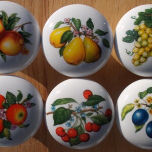 May include: Six white ceramic knobs with colorful fruit illustrations. The knobs feature pomegranates, pears, grapes, apples, cherries, and plums.