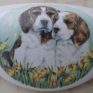 May include: White ceramic cabinet pull featuring a painted image of two Beagle dogs nestled together. The dogs have brown and white markings and are surrounded by yellow flowers and green grass.
