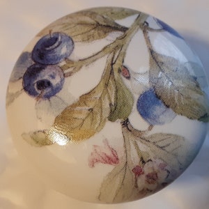 May include: A white ceramic knob with a painted design of blue blueberries on a green vine with leaves. The knob has a glossy finish.