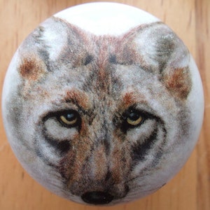 May include: A round, white button featuring a detailed close-up of a wolf's face. The wolf has light brown and gray fur, with piercing yellow eyes and a black nose. The button is likely made of fabric or a similar material.
