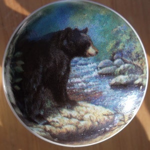 May include: A round decorative knob featuring a black bear standing near a stream. The bear is depicted with detailed fur and a light-colored snout. The background shows a blue and green landscape with water and rocks.