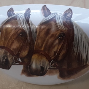 May include: A white, oval-shaped decorative object featuring a detailed painting of two horses' heads. The horses have brown coats, light-colored manes, and are wearing brown bridles. The artwork is set against a white background.