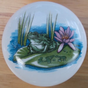May include: White ceramic knob featuring a detailed illustration of a green frog resting on a lily pad, with a pink water lily and reeds in the background. The design is set against a blue water backdrop.