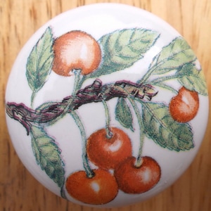 May include: White ceramic cabinet knob with a cherry branch design. The knob features a detailed illustration of ripe red cherries, green leaves, and a brown branch. The design is set against a white background, creating a classic and decorative look.