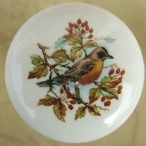 May include: White ceramic cabinet knob with a detailed illustration of a bird perched on a branch with red berries and green and yellow leaves. The bird has brown and orange feathers. The knob is round and has a glossy finish.
