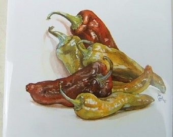 Chilli peppers Red n White Ceramic Tile backsplash countertop trivet