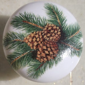May include: A white, round decorative knob featuring a detailed illustration of two brown pine cones and green pine needles. The design is centered on the knob, creating a nature-inspired aesthetic.