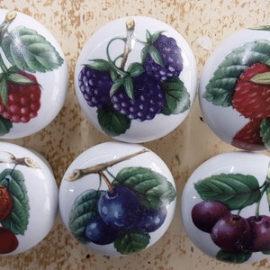 May include: Six white ceramic knobs with different fruit designs. The knobs feature blackberries, raspberries, cherries, and plums.