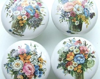 Coffee mugs n flowers (4) Ceramic Cabinet knobs Kitchen hardware pulls