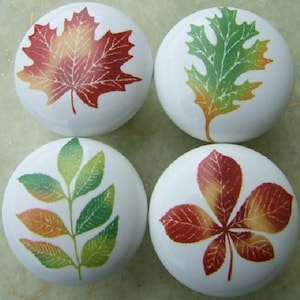 May include: Four white ceramic cabinet knobs with colorful leaf designs. The leaves are in shades of red, orange, yellow, and green. The knobs are round and have a glossy finish, perfect for adding a touch of nature to any room.