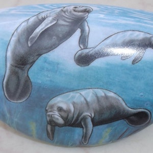 May include: A white ceramic oval-shaped dish with a blue and green watercolor background featuring three gray manatees swimming. The manatees are depicted in a realistic style with detailed features.