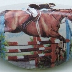May include: A ceramic door knob with a white background and a colorful image of a brown horse jumping over a fence with a rider in a blue and white uniform.