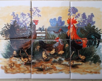 Rooster Hen and Chicks  Ceramic Tile Mural @Pretty@ serving tray insert hot plate trivet