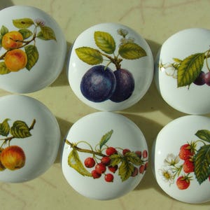 May include: Six white ceramic knobs with different fruit designs. The knobs feature images of apples, plums, cherries, and strawberries.
