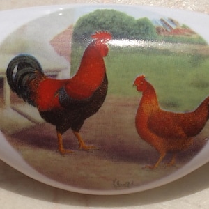 May include: White ceramic cabinet pull featuring a rooster and hen illustration. The rooster has red and black plumage, while the hen is brown. The background shows a farm scene with a green field and red buildings.