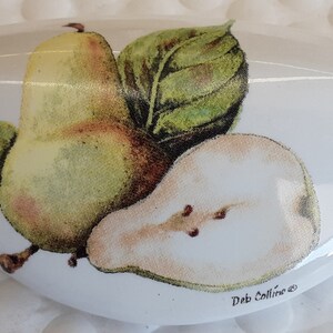 May include: White, oval-shaped decorative stone with a painted pear design. The design features a whole pear, a pear half, and a green leaf. The artist's signature, "Deb Collins," is visible on the bottom right.