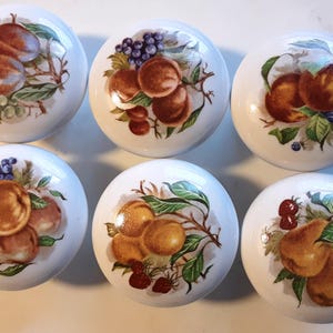 May include: Six white ceramic knobs with a variety of fruit designs. Each knob features a different fruit combination, including plums, pears, grapes, and apples. The knobs are painted in shades of brown, green, purple, and red.