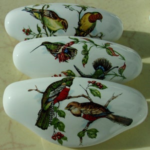 May include: Three white, oval-shaped decorative objects with colorful bird illustrations. Each object features a different bird design, with details including branches, leaves, and berries. The birds are depicted in various colors, including green, red, yellow, and brown.