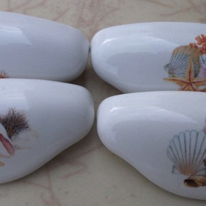 May include: Four white ceramic drawer pulls with a seashell theme. Each pull features a different seashell design with starfish and coral accents.