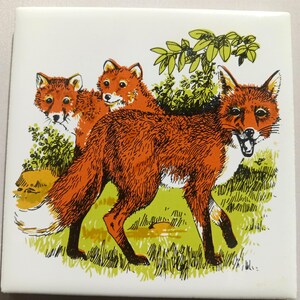 May include: Square ceramic tile featuring a vibrant illustration of three foxes. The foxes are depicted in shades of orange and white, set against a backdrop of green grass and foliage. The artwork has a vintage, storybook aesthetic.