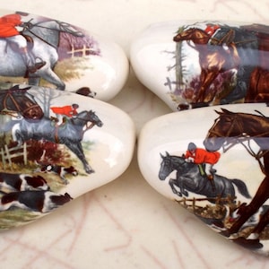 Foxhunt scenes Ceramic Cabinet Kitchen Drawer pulls Horse set of four Hardware