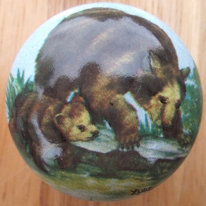 May include: A round, blue and white ceramic ornament with a painted image of a brown bear and a smaller brown bear cub. The bears are walking on a green and brown background.