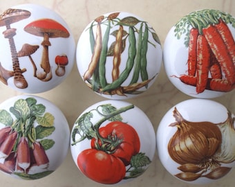 Six vegetables #3 (6) Ceramic Cabinet knobs mushroom tomato Kitchen hardware pulls