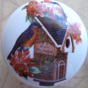 Red flowers  #2 with birdhouse and bird Ceramic Cabinet Knobs Kitchen Drawer pulls