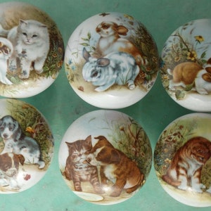 May include: Set of six ceramic cabinet knobs with hand-painted illustrations of animals. Each knob features a different scene with kittens, puppies, and bunnies in a natural setting. The knobs are round and have a glossy finish.
