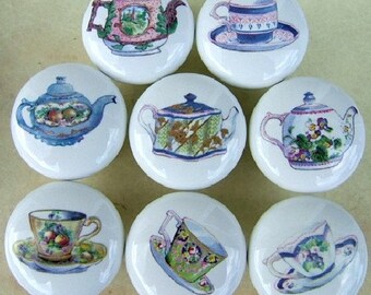 Ceramic Cabinet knobs with teapots and teacups sets of eight