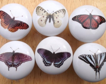Butterfly butterflies (6) Ceramic Cabinet knobs Kitchen hardware pulls