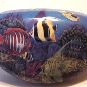 May include: White, oval-shaped ceramic knob featuring an underwater scene. The design includes colorful fish, coral, and plants against a blue background. The knob is approximately 3 inches long.